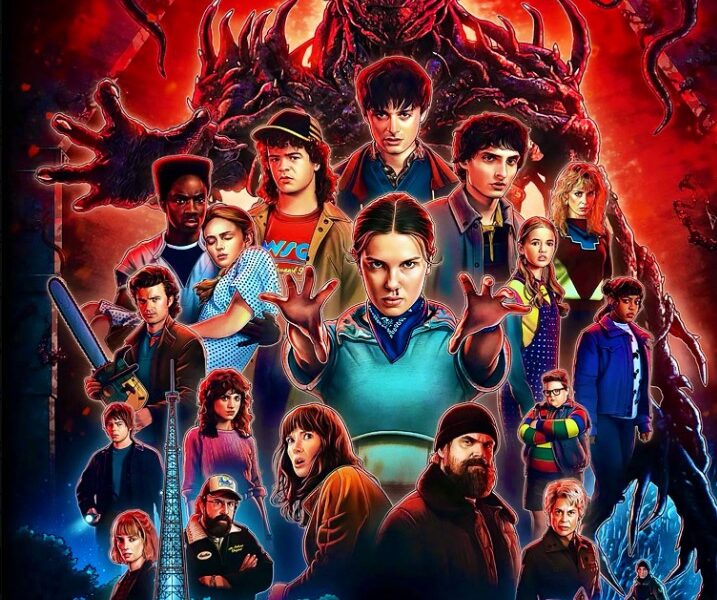 Póster ilustrado de Stranger Things con personajes principales y criatura monstruosa.