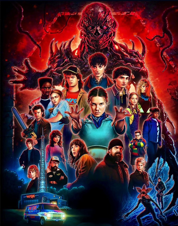 Póster ilustrado de Stranger Things con personajes principales y criatura monstruosa.