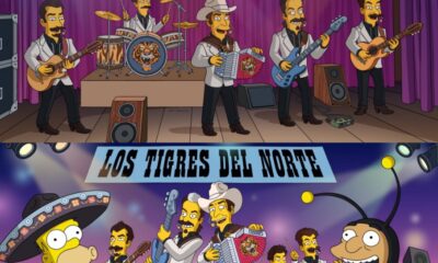Fotografía de Los Tigres del Norte, cinco integrantes vestidos con trajes negros con aplicaciones de estampado tipo animal print, uno de ellos con sombrero.