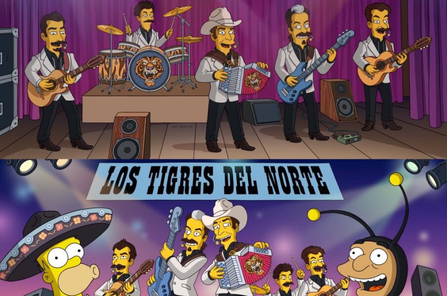 Fotografía de Los Tigres del Norte, cinco integrantes vestidos con trajes negros con aplicaciones de estampado tipo animal print, uno de ellos con sombrero.