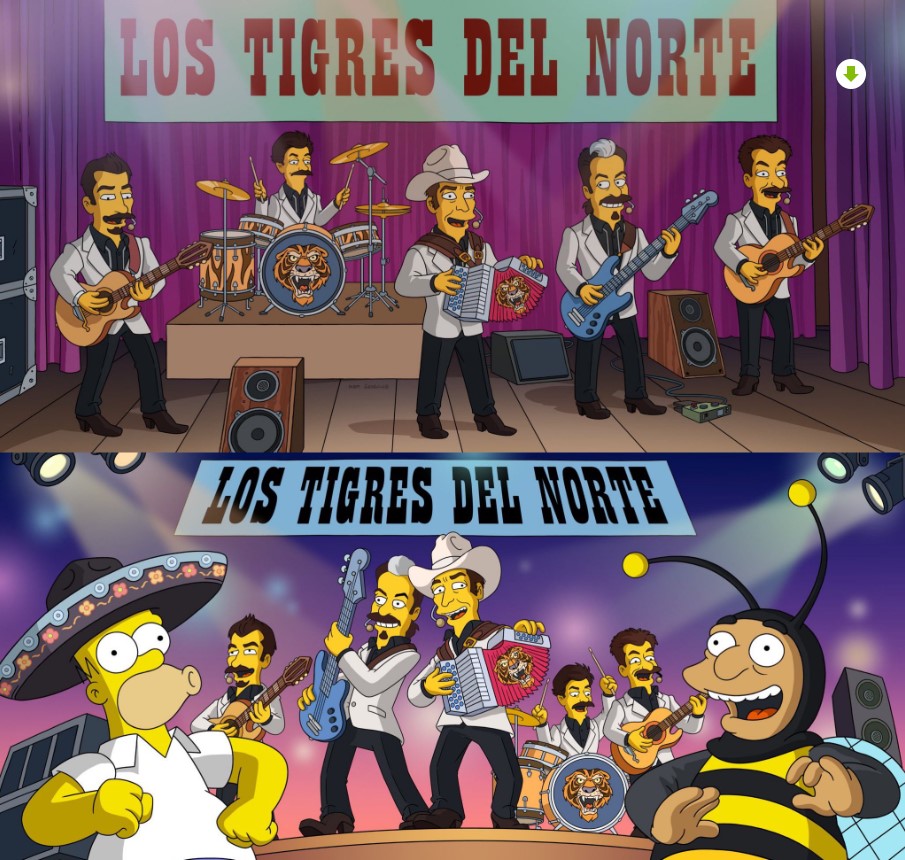 Fotografía de Los Tigres del Norte, cinco integrantes vestidos con trajes negros con aplicaciones de estampado tipo animal print, uno de ellos con sombrero.