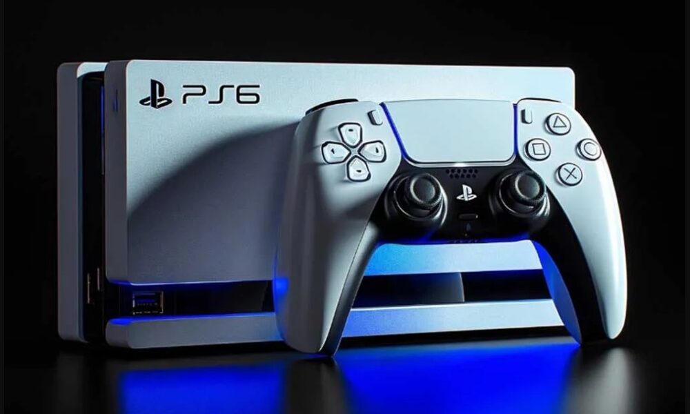 Consola conceptual PlayStation 6 con control DualSense frente a iluminación azul.