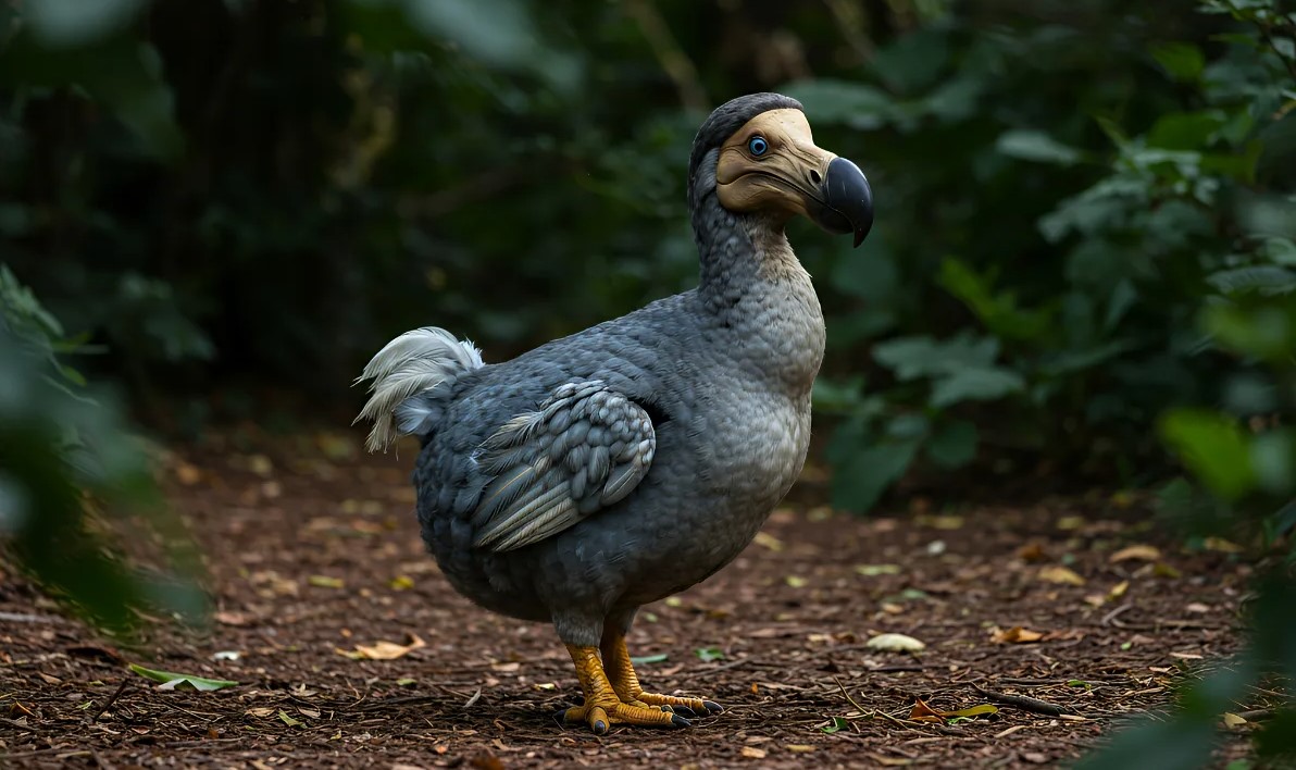 Ave dodo reconstruida en un entorno natural del bosque, vista lateral.