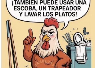 Caricatura de gallina señalando mensaje sobre niños usando tecnología y tareas domésticas