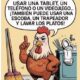 Caricatura de gallina señalando mensaje sobre niños usando tecnología y tareas domésticas