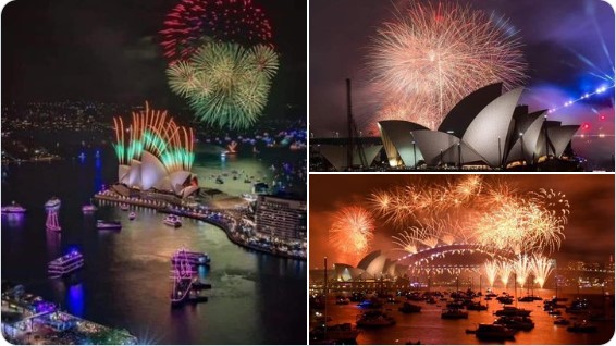Fuegos artificiales sobre la Ópera de Sídney y el Puente del Puerto celebrando Año Nuevo