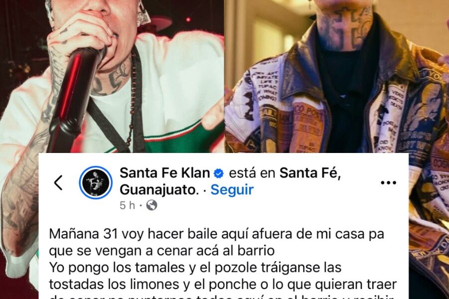 Santa Fe Klan en fotografías promocionales junto a captura de publicación donde invita a una fiesta en su barrio