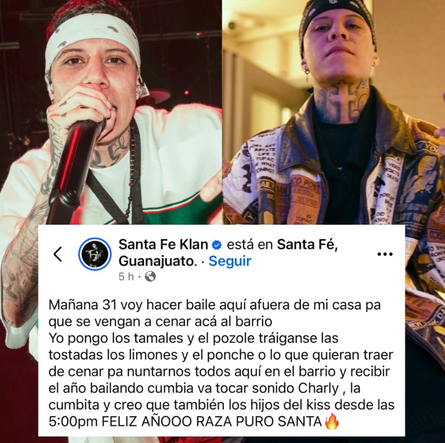 Santa Fe Klan en fotografías promocionales junto a captura de publicación donde invita a una fiesta en su barrio