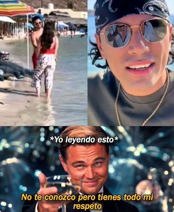 Meme que muestra al joven del video en la playa, junto a una reacción humorística con Leonardo DiCaprio brindando, simbolizando apoyo a su decisión