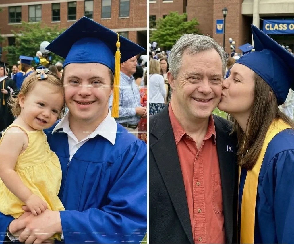 Padre con síndrome de Down celebrando los logros académicos de su hija en una ceremonia de graduación.