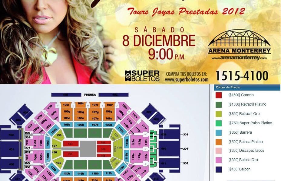 Cartel del último concierto de Jenni Rivera en la Arena Monterrey el 8 de diciembre de 2012 con zonas de precios.