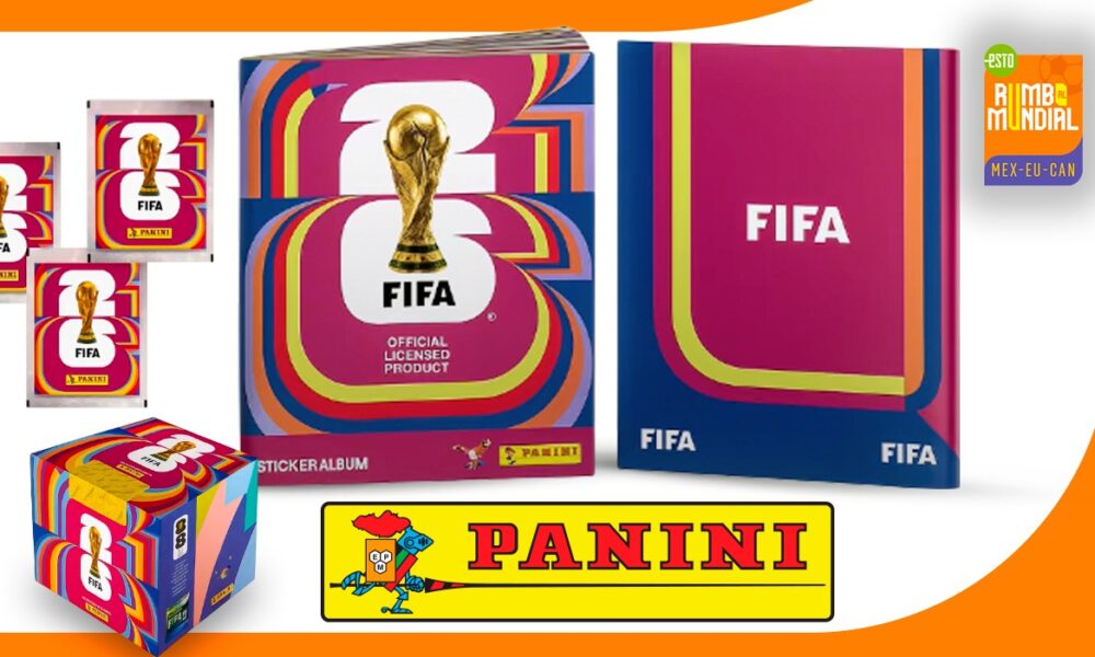 Álbum Panini 2026 y sobres de figuritas con diseño oficial multicolor del Mundial.