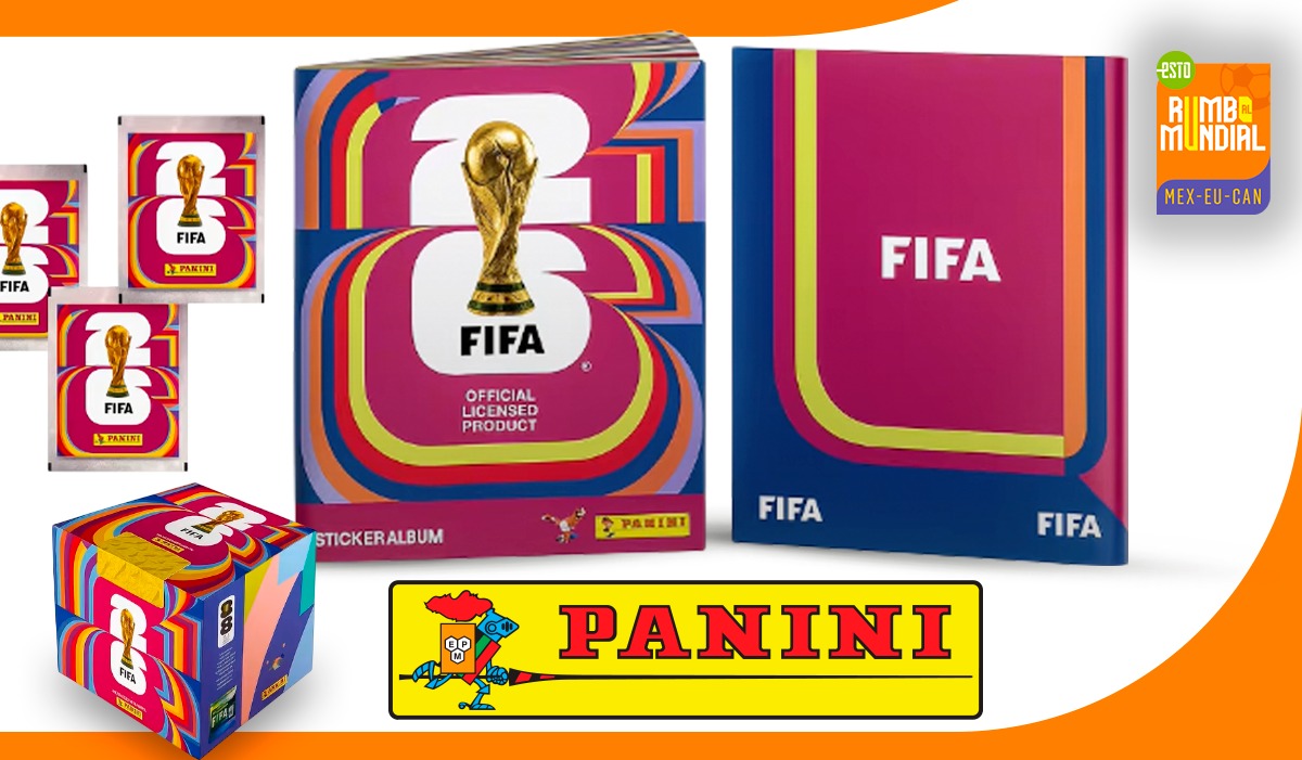 Álbum Panini 2026 y sobres de figuritas con diseño oficial multicolor del Mundial.
