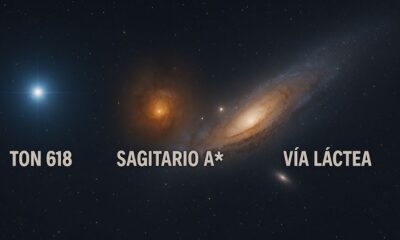 Ilustración espacial que muestra la comparación entre un cuásar, un agujero negro supermasivo y una galaxia.