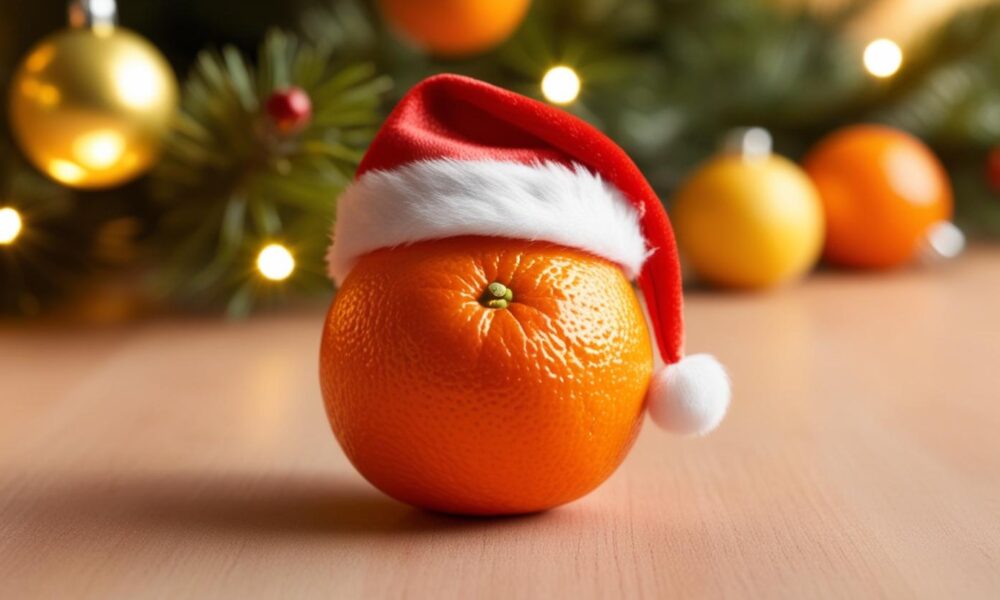 Una naranja con gorro de Santa Claus en ambiente navideño con luces desenfocadas.
