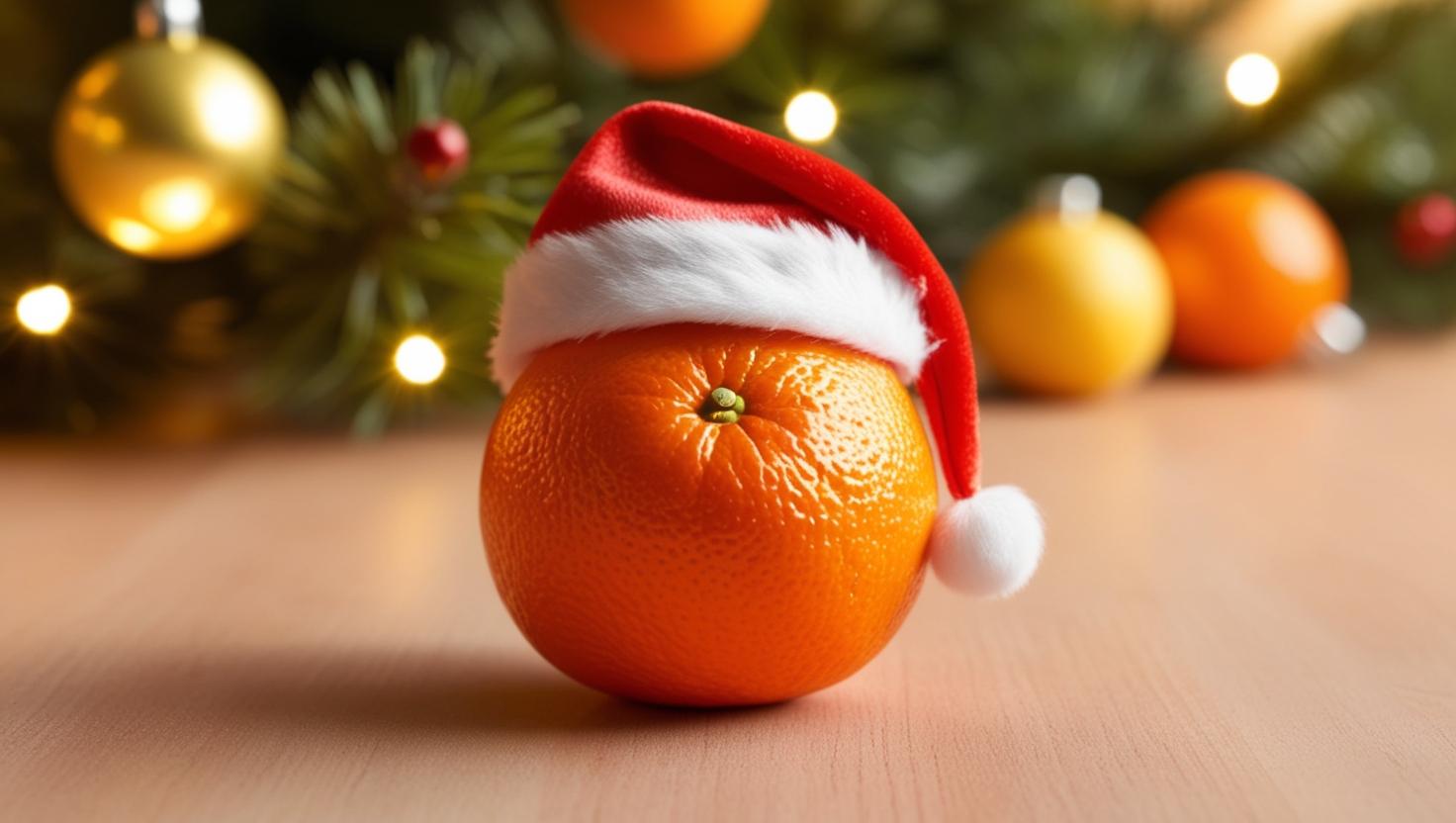 Una naranja con gorro de Santa Claus en ambiente navideño con luces desenfocadas.