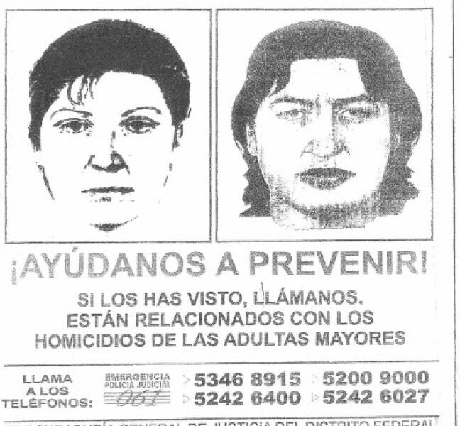 Cartel de búsqueda de personas relacionado con homicidios de mujeres adultas mayores en la Ciudad de México en la década de 2000.