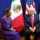 Reunión entre Claudia Sheinbaum y Donald Trump sentados frente a las banderas de México y Estados Unidos.