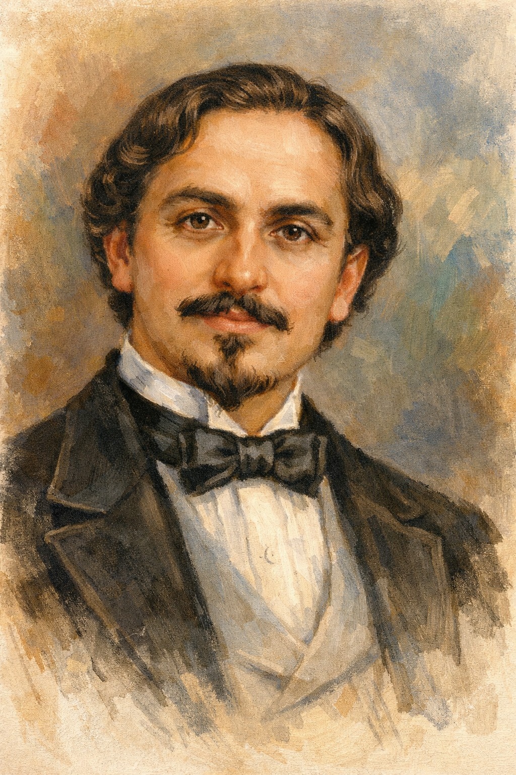 Retrato artístico de un hombre con traje formal de época.