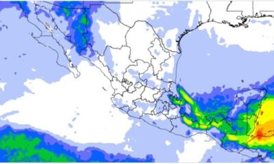 Mapa meteorológico que muestra el avance de una masa de aire ártico sobre México con zonas de heladas y lluvias.