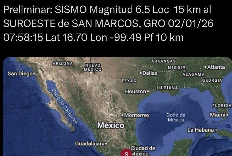 Mapa del epicentro del sismo de magnitud 6.5 registrado en San Marcos, Guerrero.