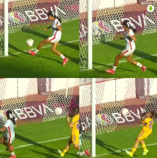 Secuencia del autogol en el partido Tigres Femenil vs Necaxa Femenil tras rebote en el poste.