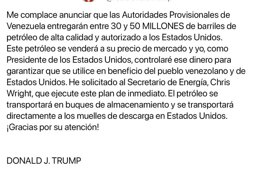 Captura de pantalla de un anuncio de Donald Trump sobre la entrega de millones de barriles de petróleo venezolano a Estados Unidos.