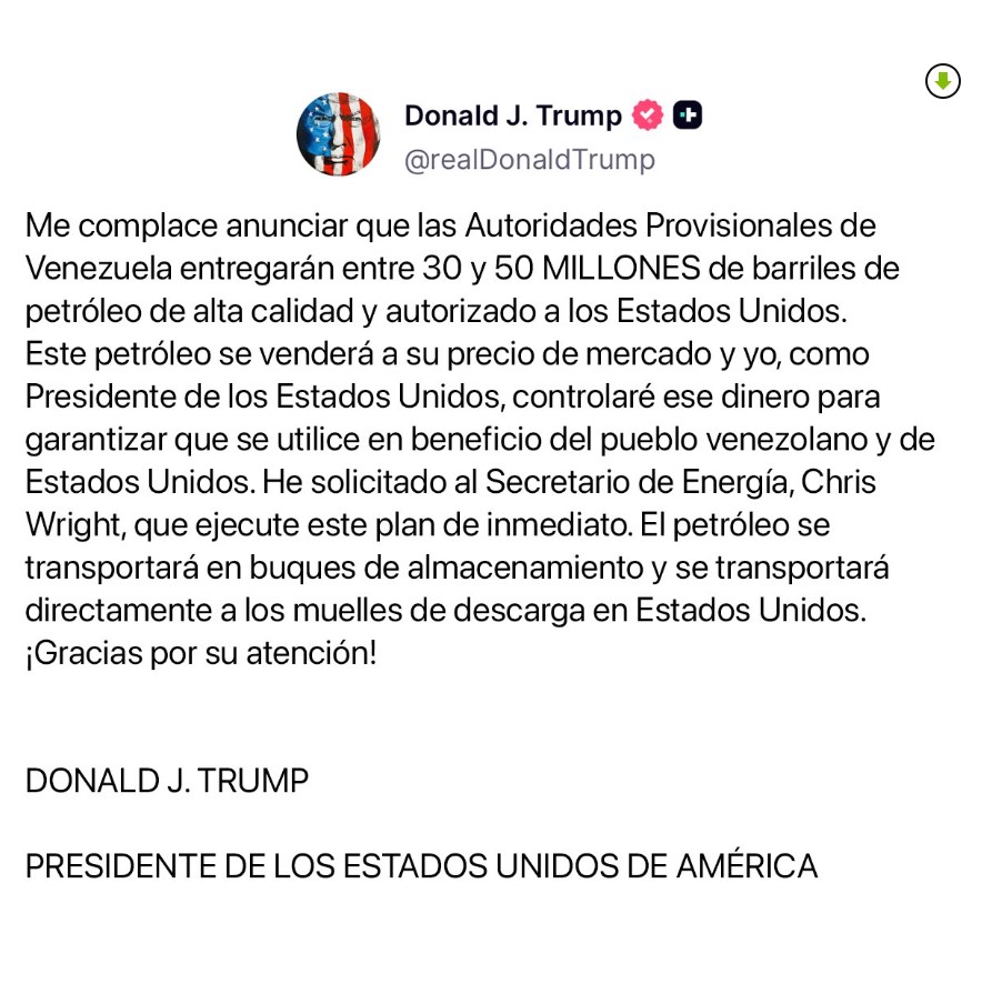 Captura de pantalla de un anuncio de Donald Trump sobre la entrega de millones de barriles de petróleo venezolano a Estados Unidos.
