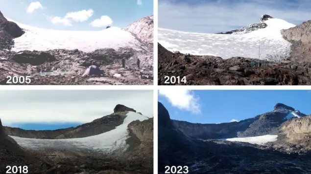 Serie de fotografías comparativas de un glaciar venezolano entre varios años mostrando su retroceso extremo.