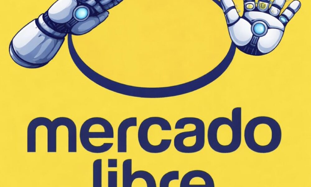 Logotipo de Mercado Libre con iconografía de brazos robóticos que sugieren automatización por inteligencia artificial.