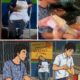 Collage con un hombre dormido en un puesto de hot dogs y jóvenes preparando alimentos en su lugar, junto a una ilustración del mismo escenario.