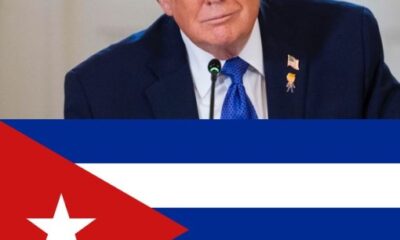 Fotografía del expresidente de Estados Unidos junto a la bandera de Cuba, representando tensiones diplomáticas por petróleo venezolano.