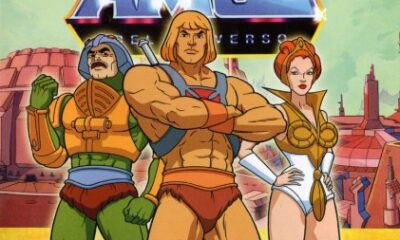“Arte promocional clásico de He-Man y los Amos del Universo con los personajes principales del equipo héroe.”