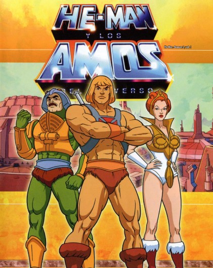 “Arte promocional clásico de He-Man y los Amos del Universo con los personajes principales del equipo héroe.”
