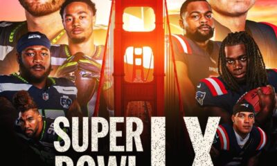 “Cartel del Super Bowl LX con Seahawks vs Patriots, jugadores en primer plano, Golden Gate Bridge de fondo y fecha del evento.”