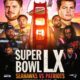 “Cartel del Super Bowl LX con Seahawks vs Patriots, jugadores en primer plano, Golden Gate Bridge de fondo y fecha del evento.”