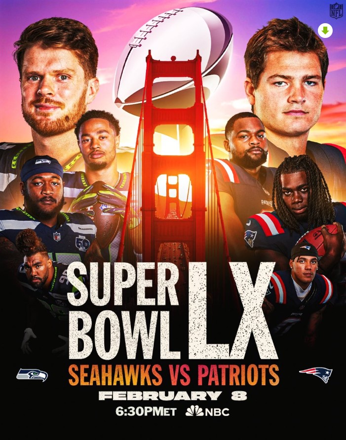 “Cartel del Super Bowl LX con Seahawks vs Patriots, jugadores en primer plano, Golden Gate Bridge de fondo y fecha del evento.”