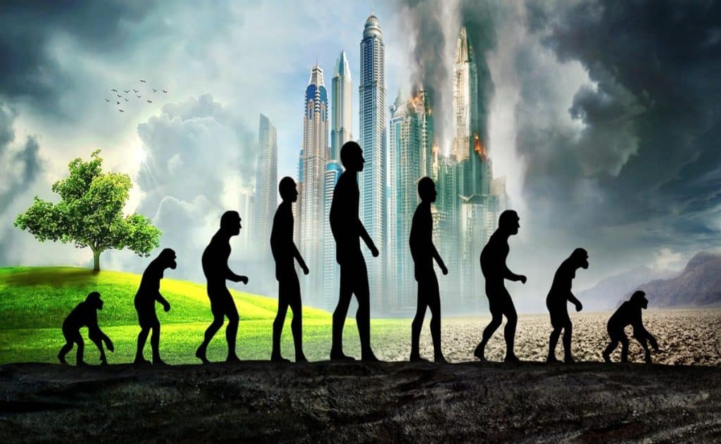 Ilustración de la evolución humana y su impacto ambiental en la era del Antropoceno.