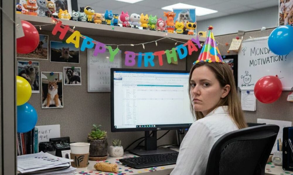 Empleada en oficina con decoración de cumpleaños trabajando frente a su computadora con gesto serio.