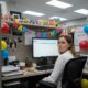 Empleada en oficina con decoración de cumpleaños trabajando frente a su computadora con gesto serio.