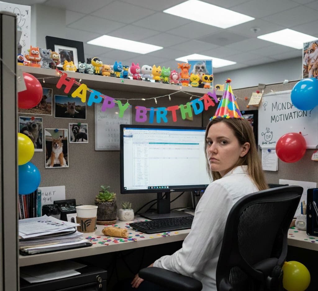 Empleada en oficina con decoración de cumpleaños trabajando frente a su computadora con gesto serio.