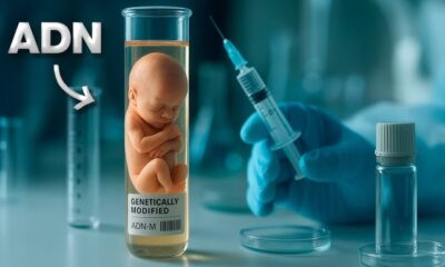 Imagen conceptual que muestra un bebé dentro de un tubo de ensayo etiquetado como “genéticamente modificado”, con una jeringa y equipo de laboratorio al fondo, representando edición genética y bebés a la carta.