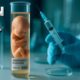 Imagen conceptual que muestra un bebé dentro de un tubo de ensayo etiquetado como “genéticamente modificado”, con una jeringa y equipo de laboratorio al fondo, representando edición genética y bebés a la carta.