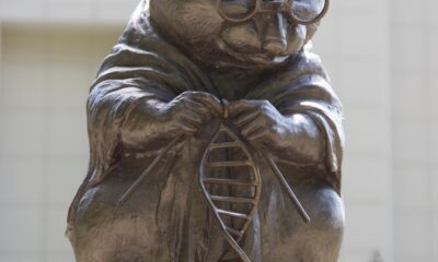 Estatua del ratón de laboratorio tejiendo una cadena de ADN en Rusia.