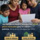 Familia mexicana revisando documentos en casa, acompañada de datos del INEGI sobre el ingreso mensual necesario para no caer en pobreza en zonas urbanas y rurales.
