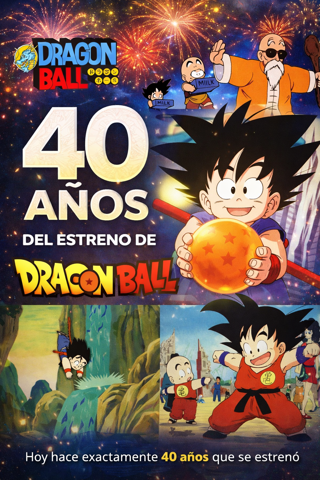 Imagen conmemorativa de los 40 años del estreno de Dragon Ball, mostrando escenas icónicas de Gokú y otros personajes de la serie.
