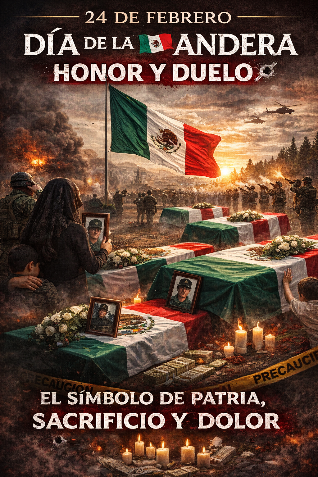 Bandera de México ondeando sobre ataúdes cubiertos con el lábaro patrio durante una ceremonia de honor y duelo nacional.