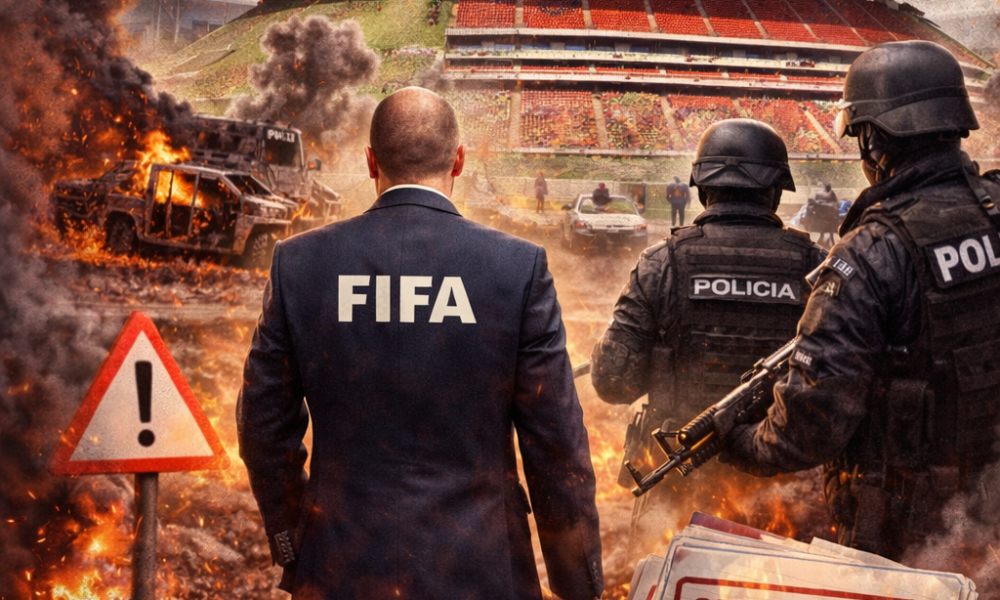 Imagen del Estadio Akron con fuerzas de seguridad y referencia a la FIFA, ilustrando la preocupación por la violencia en Jalisco rumbo al Mundial 2026.