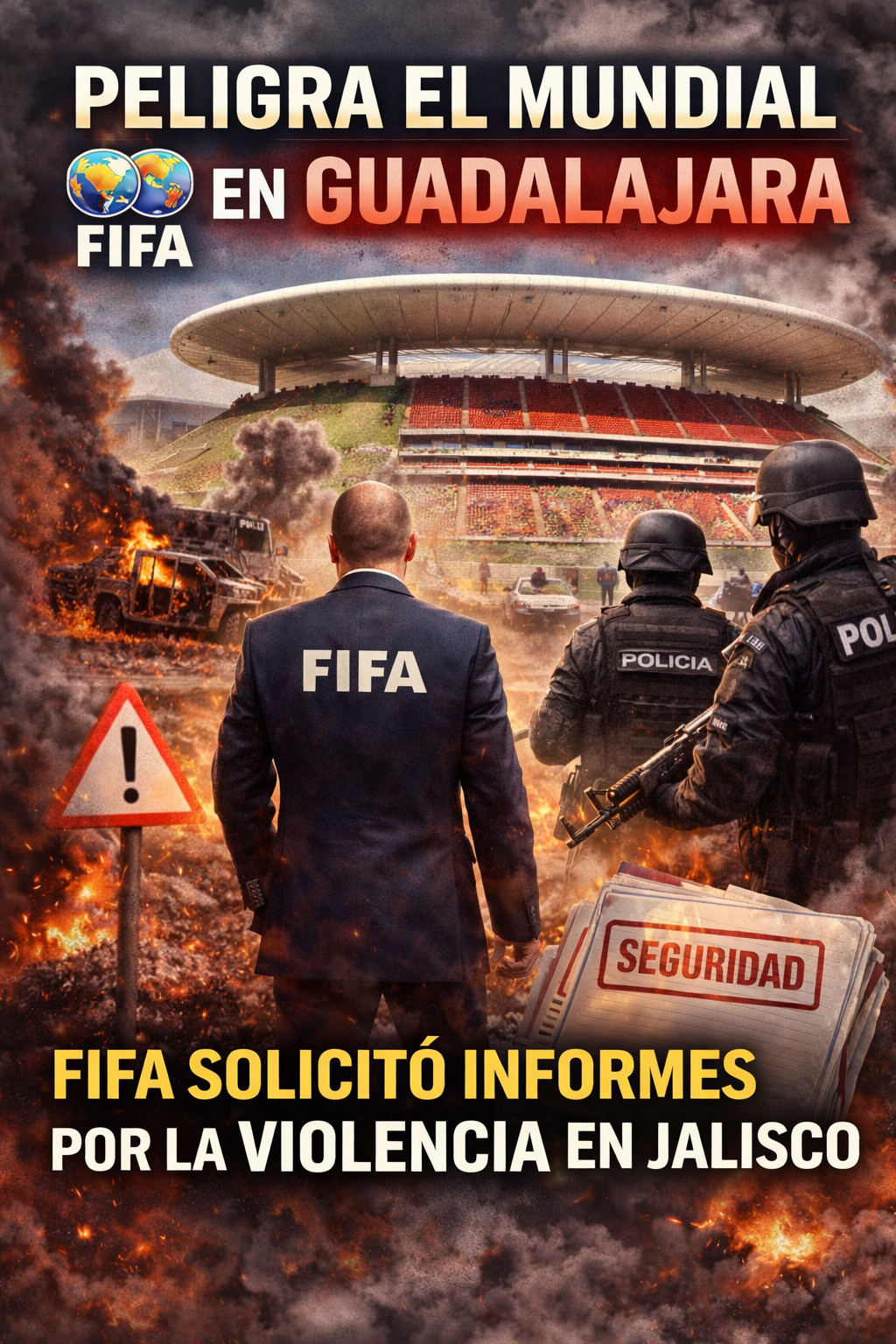 Imagen del Estadio Akron con fuerzas de seguridad y referencia a la FIFA, ilustrando la preocupación por la violencia en Jalisco rumbo al Mundial 2026.