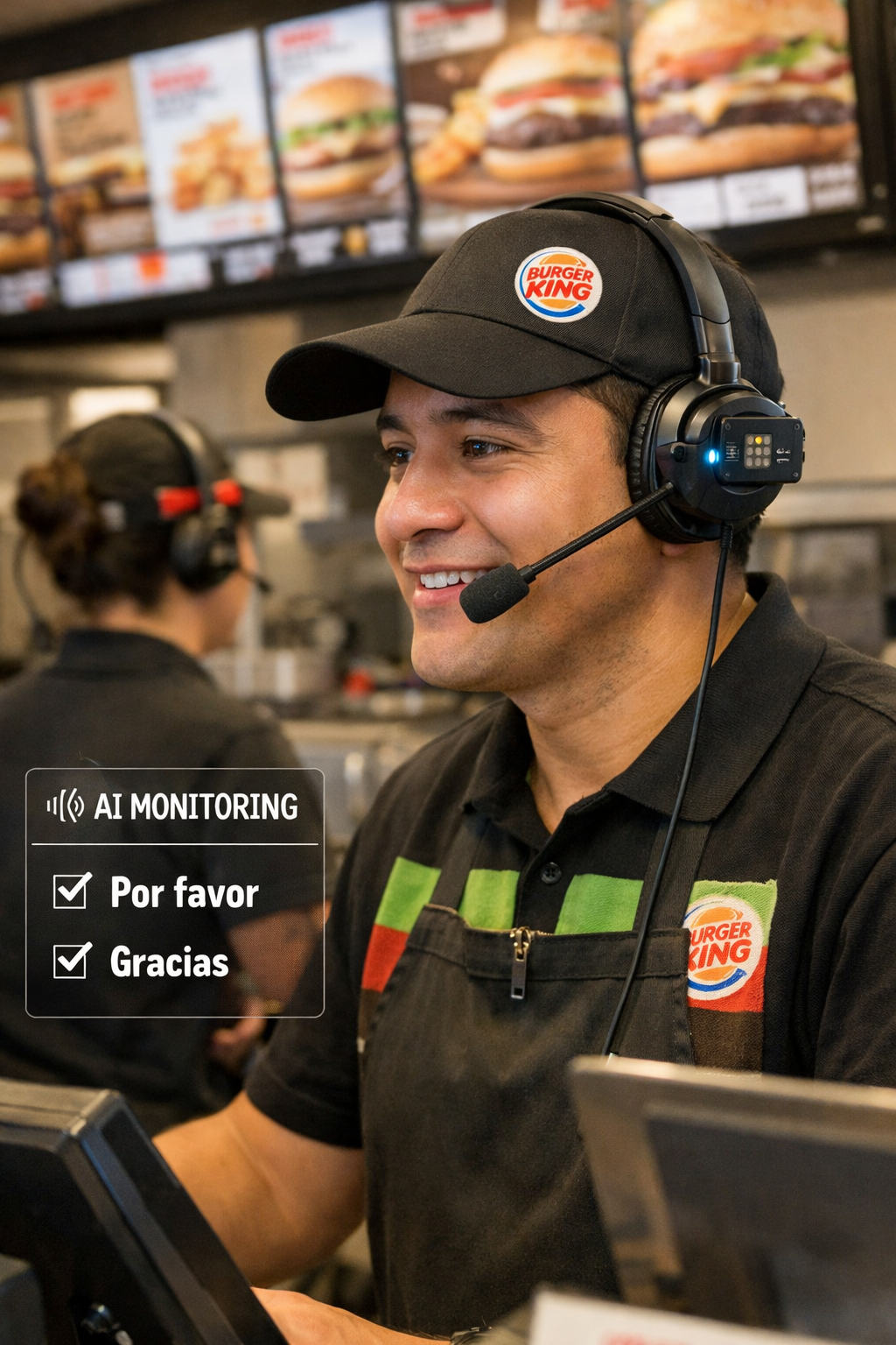 Empleado de Burger King utilizando audífonos durante la atención al cliente, en un entorno donde la empresa planea implementar inteligencia artificial para monitoreo.